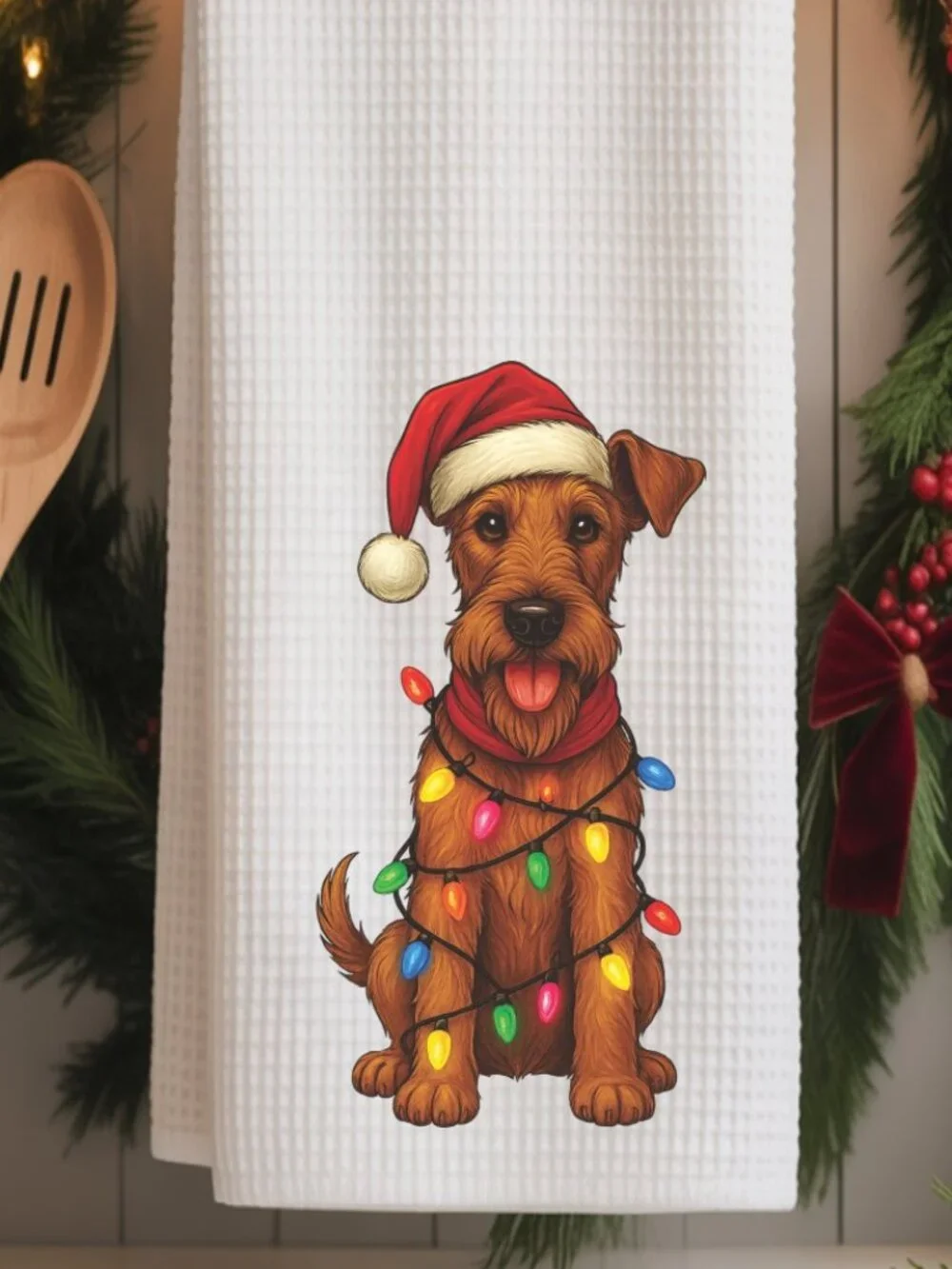 Irish Terrier Christmas Lights Decorative Kitchen Tea Towel